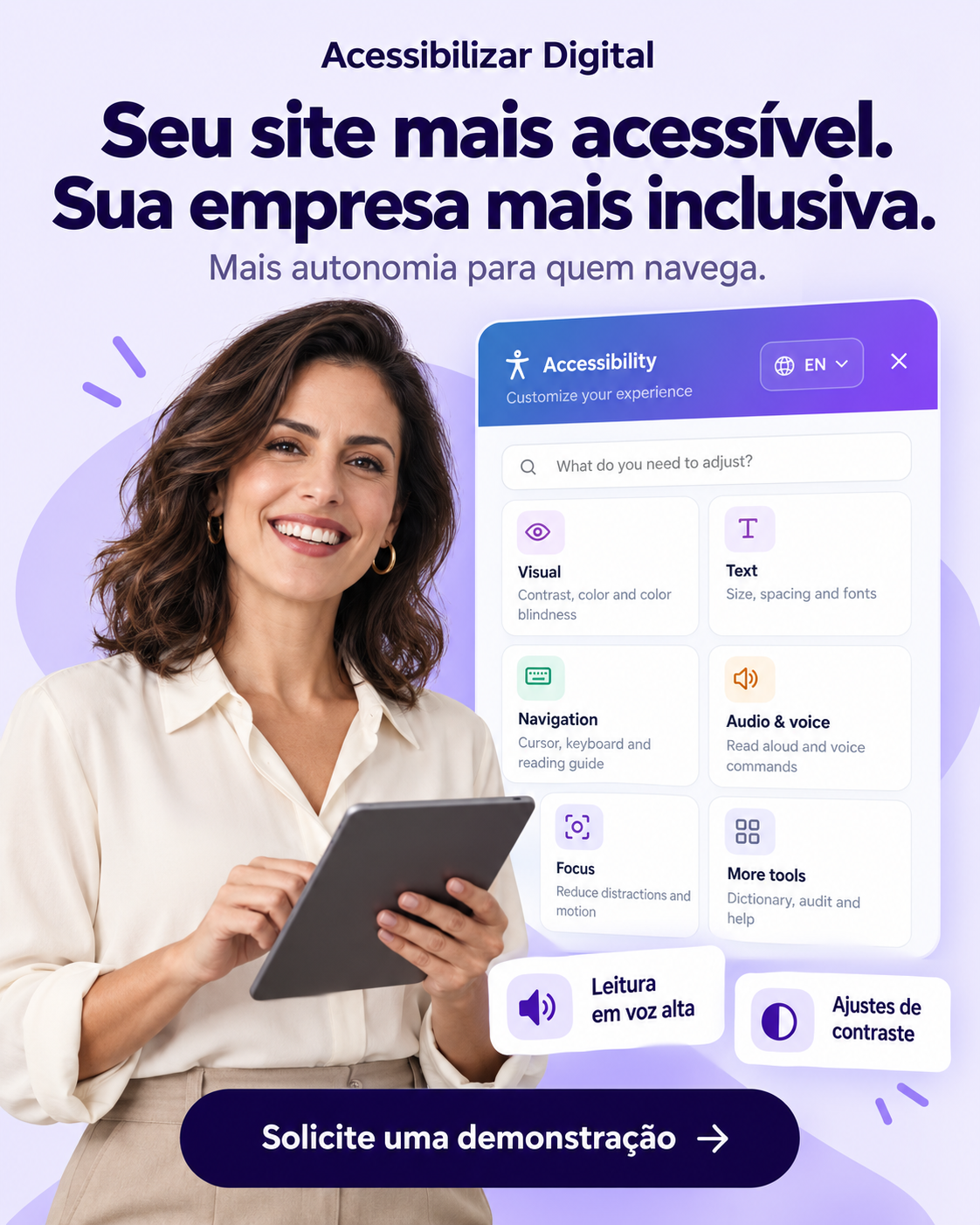 Mulher sorrindo com um tablet ao lado de uma representação ilustrativa do painel de acessibilidade, com categorias de ajustes e destaques para leitura em voz alta e contraste.